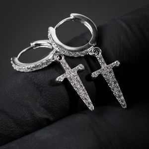 Hanging Dangle Sterling Silver Iced Dagger Cross Hoop Earrings